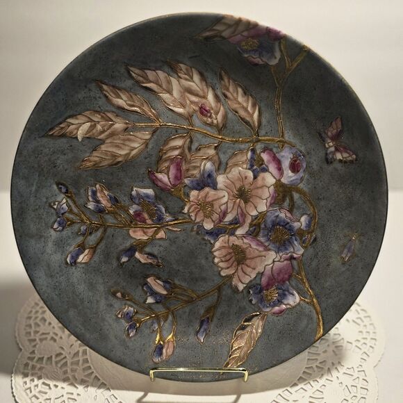 VTG 10" Toyo Decorative Plate - Dark Green w/ Pink & Purple Flowers Gold Accent - Picture 1 of 2